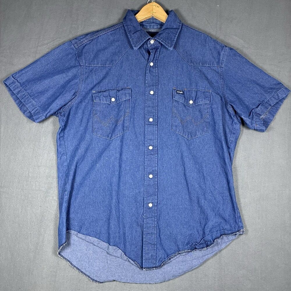VTG Wrangler Denim Shirt Mens Large Pearl Snap Western Cowboy Dark Wash